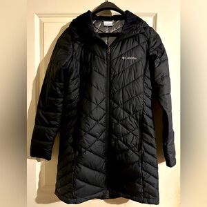 Long, black, medium, Columbia, hooded puffer jacket